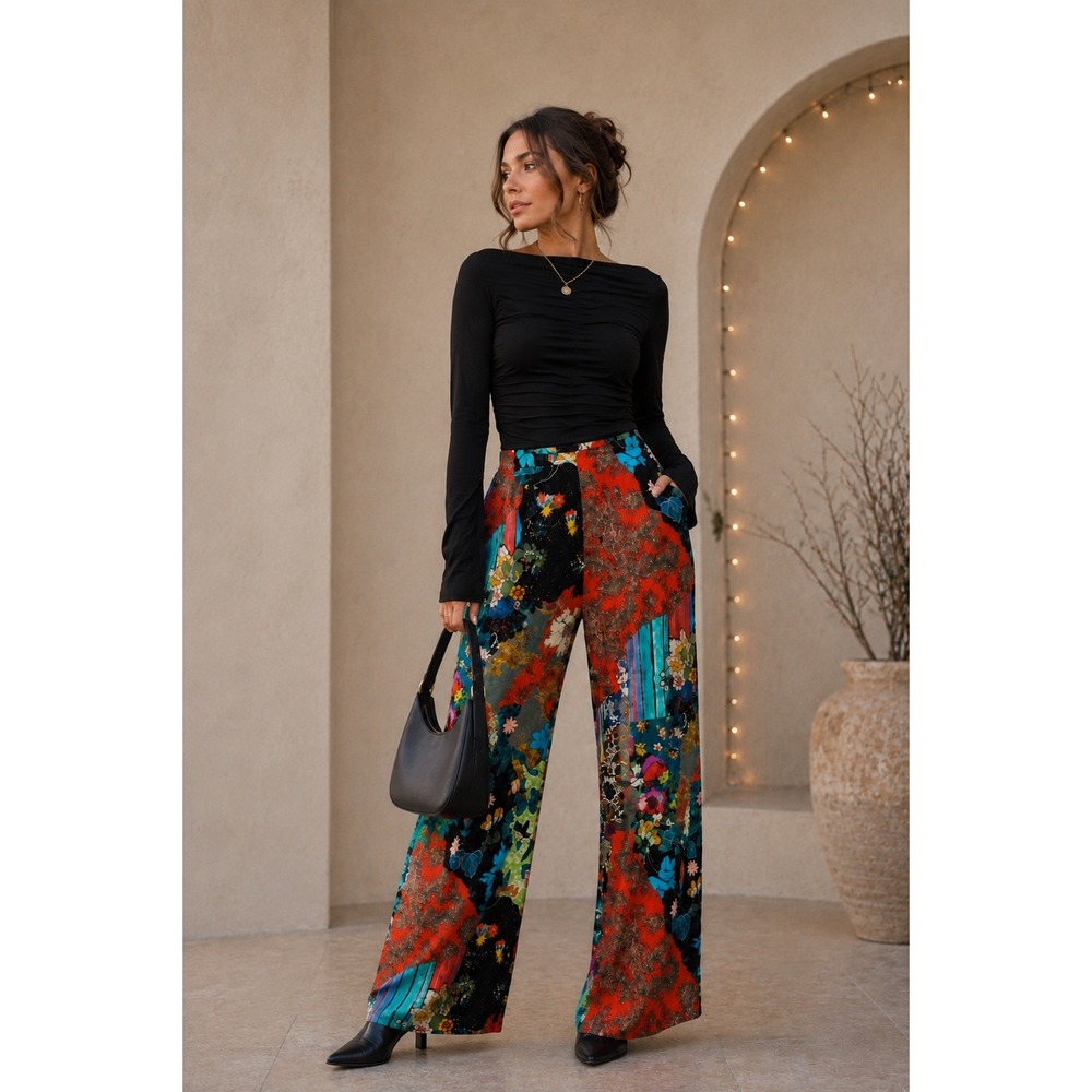 ANTHROPOLOGIE Satin Wide Leg Pants 8 Asian Chinoiserie Print Patchwork Artsy